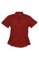 Women's deep red short sleeve military shirt with twin chest pockets, epaulettes, and button front