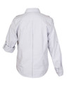 Back view of a white long sleeve men's military shirt with epaulettes, centre back pleat, and roll-tab sleeves