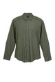 Olive green military shirt with shoulder epaulettes, dual chest pockets with flaps, and long sleeves