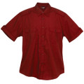 Crimson red men's short sleeve military shirt with dual chest pockets, epaulettes, and button-through placket