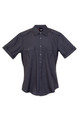 Charcoal short sleeve military shirt with epaulettes, twin chest pockets, and button-through front