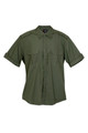 Olive green men's military shirt with rolled short sleeves, epaulettes, and twin chest pockets