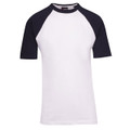 White raglan t-shirt with navy sleeves and contrast crew neck