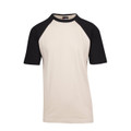 Natural raglan tee with black contrast sleeves and crew neck trim