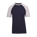 Navy body raglan tee with grey marle sleeves and contrast neckline trim