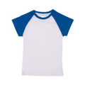White organic raglan tee with royal blue contrast sleeves and neckline trim