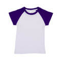 White raglan tee with deep purple contrast sleeves and crew neck collar