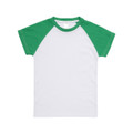 White organic cotton raglan tee with kelly green contrast sleeves and crew neck trim
