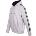 Light grey marle zipper hoodie with black contrast hood lining and twin black stripe detail on sleeves