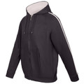 Charcoal zip-up hoodie with contrast grey lining and white twin stripe detail on sleeves