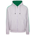 Grey marle zip-up hoodie with forest green contrast hood lining and twin stripe sleeve detail