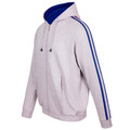 Light grey marle zip hoodie with royal blue contrast hood lining and twin stripe sleeve detail