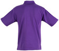 Purple pique polo shirt shown from back with ribbed collar and short sleeves
