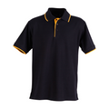 Navy Gold Plain Liberty men's short sleeve polo shirt in poly/cotton pique knit fabric, featuring contrast collar and cuffs, ideal for team uniforms and corporate branding.