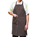 Black and white pinstripe full bib apron with front pocket and lime green adjustable neck straps