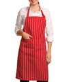 Red and white pinstriped bib apron with adjustable neck strap and front pocket