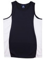 Navy sleeveless sports singlet with white contrast side panels and round neckline