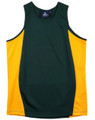 Bottle green and gold contrast panel men's sports singlet, flat lay packshot showing curved side panels