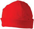 Bright red polar fleece beanie with rolled cuff and six-panel crown construction