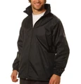 Black waterproof rain jacket with hood and elastic cuffs, front zip closure and side pockets visible