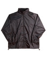 Charcoal grey packable rain jacket with stand collar, elastic cuffs and adjustable hem drawcords
