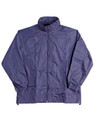 Navy blue kids rain jacket with full zip, standup collar, and elasticated cuffs