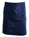 Navy waist apron with wide waistband and large front pocket with divided sections