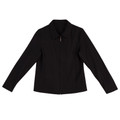 Black wool blend jacket with collar and front zip closure, featuring long sleeves and structured silhouette
