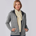 Cream cable knit scarf worn with grey marle zip hoodie and navy contrast hood
