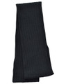 Black cable knit scarf with ribbed texture laid flat on white background
