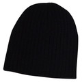 Black cable knit beanie with ribbed texture and slouchy fit