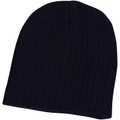 Navy blue cable knit slouch beanie with wide ribbed texture, packshot on white background