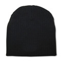 Black cable knit beanie with ribbed texture and slouchy fit