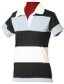 Women's rugby polo with black, white, powder blue and maroon horizontal panel stripes