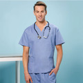Ceil blue unisex scrubs top with V-neck, short sleeves, and chest pocket modeled with stethoscope