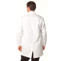 White unisex lab coat shown from back with standing collar and center back vent