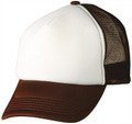 White front panel trucker cap with chocolate brown mesh back and matching brown curved brim