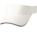 White twill visor with contrasting navy trim along curved brim edge