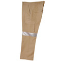 Khaki men's drill cargo pants with silver 3M reflective tape band and large side cargo pocket