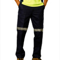 Navy drill work pants with silver 3M reflective tape at knees and cargo pocket detail