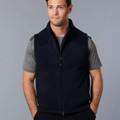 Navy polar fleece vest with grey contrast shoulder panels and full-length zip closure