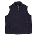 Navy polar fleece vest with full front zipper and side zippered pockets laid flat on white background