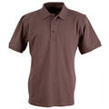Taupe brown short sleeve polo shirt with collar and button placket in stretch pique fabric