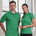 Kelly green cotton stretch polo shirts with collar and button placket in men's and women's fitted styles