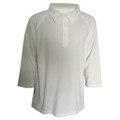 White cricket polo with three-quarter sleeves, flat knit collar and raglan seams