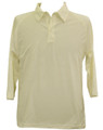 Cream three-quarter sleeve cricket polo with spread collar and two-button placket, flat lay packshot