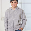Grey marle kids zip-up hoodie with kangaroo pockets and ribbed cuffs on white background