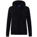 Black zip-up hoodie with kangaroo pocket and matching drawstrings, front view on white background