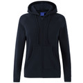 Ladies' Navy zip-up hoodie with front pockets, drawstring hood, and long sleeves