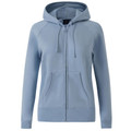 Ladies' Light Blue zip-up hoodie with front pockets, drawstring hood, and long sleeves